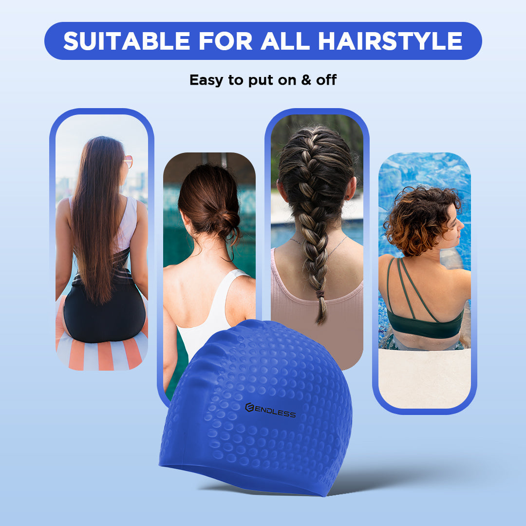 Endless EL1021 Comfortable Silicone Bubble Swimming Cap | Flexible Waterproof Swim Cap for Long and Short Hair with Thick Brim | for Adults, Women and Men | Size: Free Size | Material: Silicone