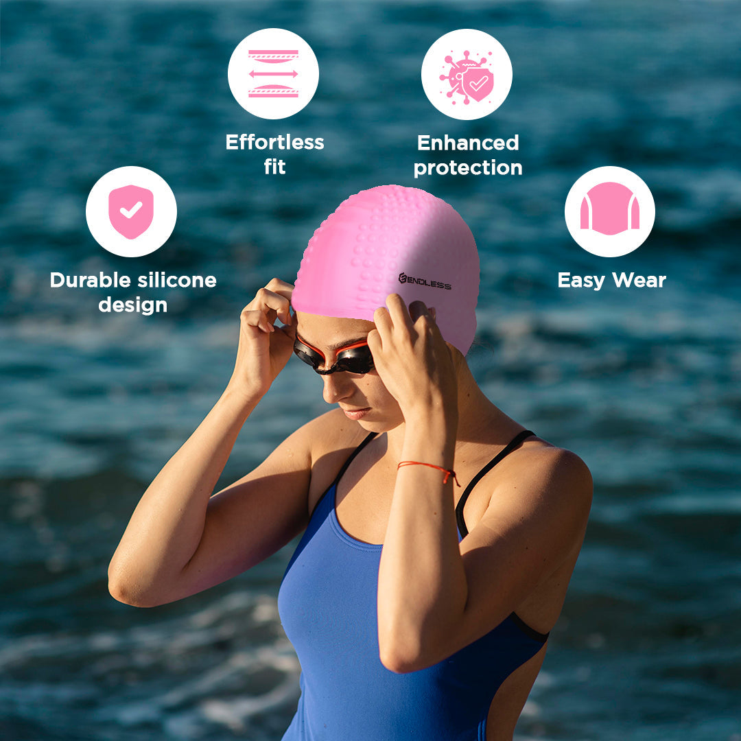 Endless EL1021 Comfortable Silicone Bubble Swimming Cap | Flexible Waterproof Swim Cap for Long and Short Hair with Thick Brim | for Adults, Women and Men | Size: Free Size | Material: Silicone