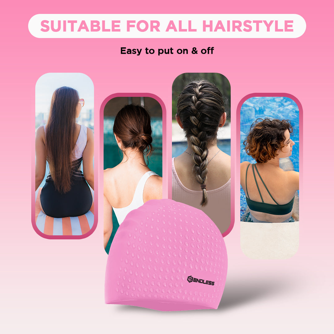 Endless EL1021 Comfortable Silicone Bubble Swimming Cap | Flexible Waterproof Swim Cap for Long and Short Hair with Thick Brim | for Adults, Women and Men | Size: Free Size | Material: Silicone