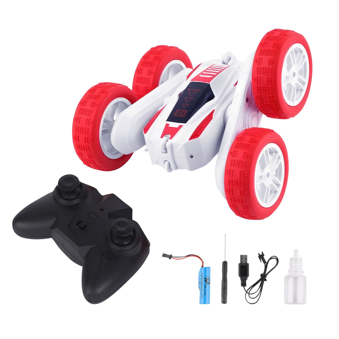 FUNFY RC Stunt Racing Car with 4WD | with 360° Rotation, Off-Road, Dual Side-Wheel Drive | Anti-Slip Vacuum Tires, Mist Spray & Rechargeable Battery | Black & Red | for Kids & Adults