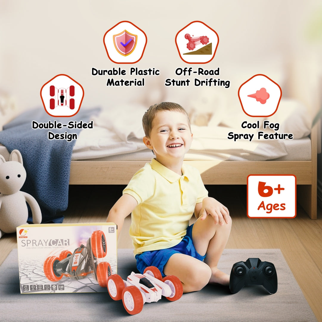 FUNFY RC Stunt Racing Car with 4WD | with 360° Rotation, Off-Road, Dual Side-Wheel Drive | Anti-Slip Vacuum Tires, Mist Spray & Rechargeable Battery | Black & Red | for Kids & Adults