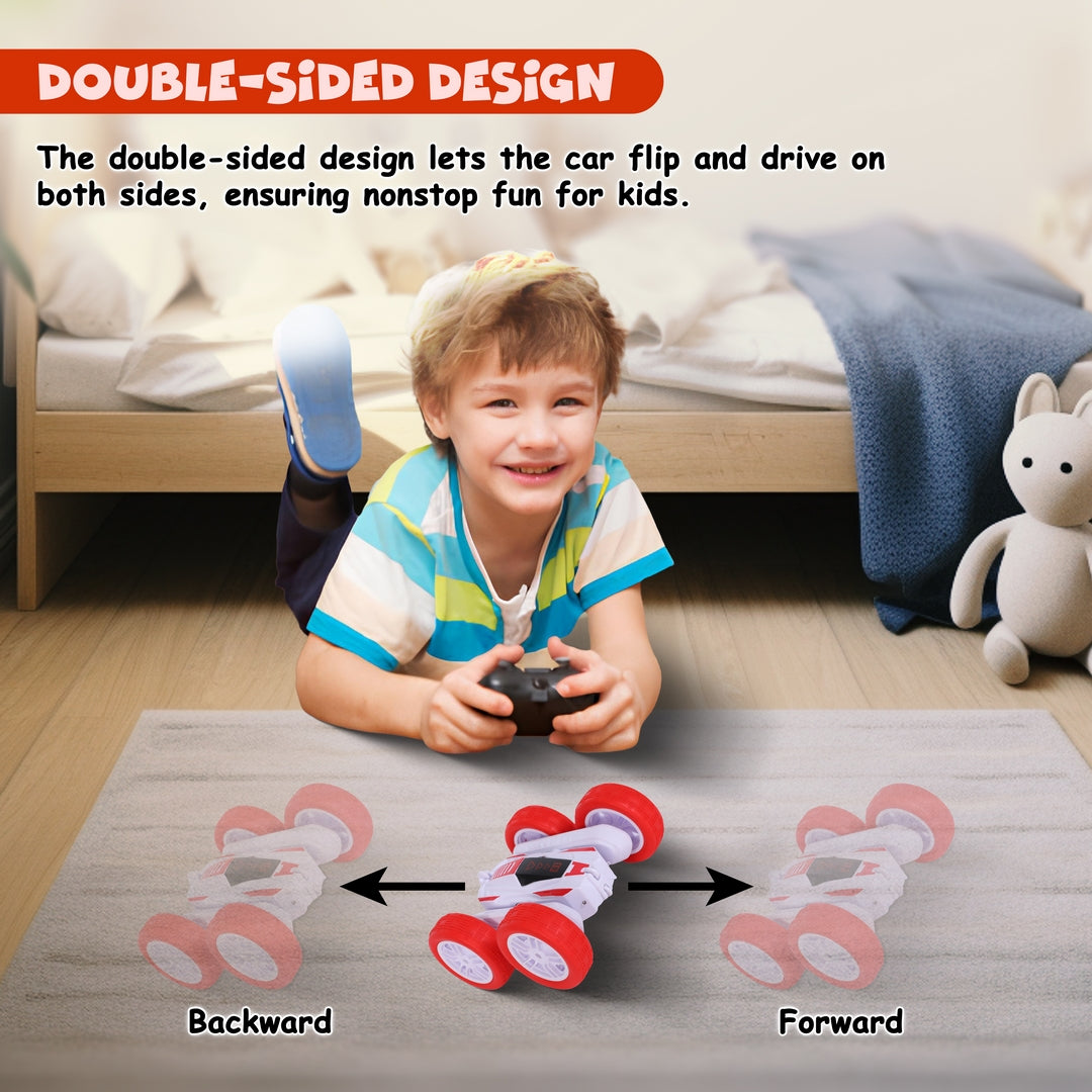FUNFY RC Stunt Racing Car with 4WD | with 360° Rotation, Off-Road, Dual Side-Wheel Drive | Anti-Slip Vacuum Tires, Mist Spray & Rechargeable Battery | Black & Red | for Kids & Adults