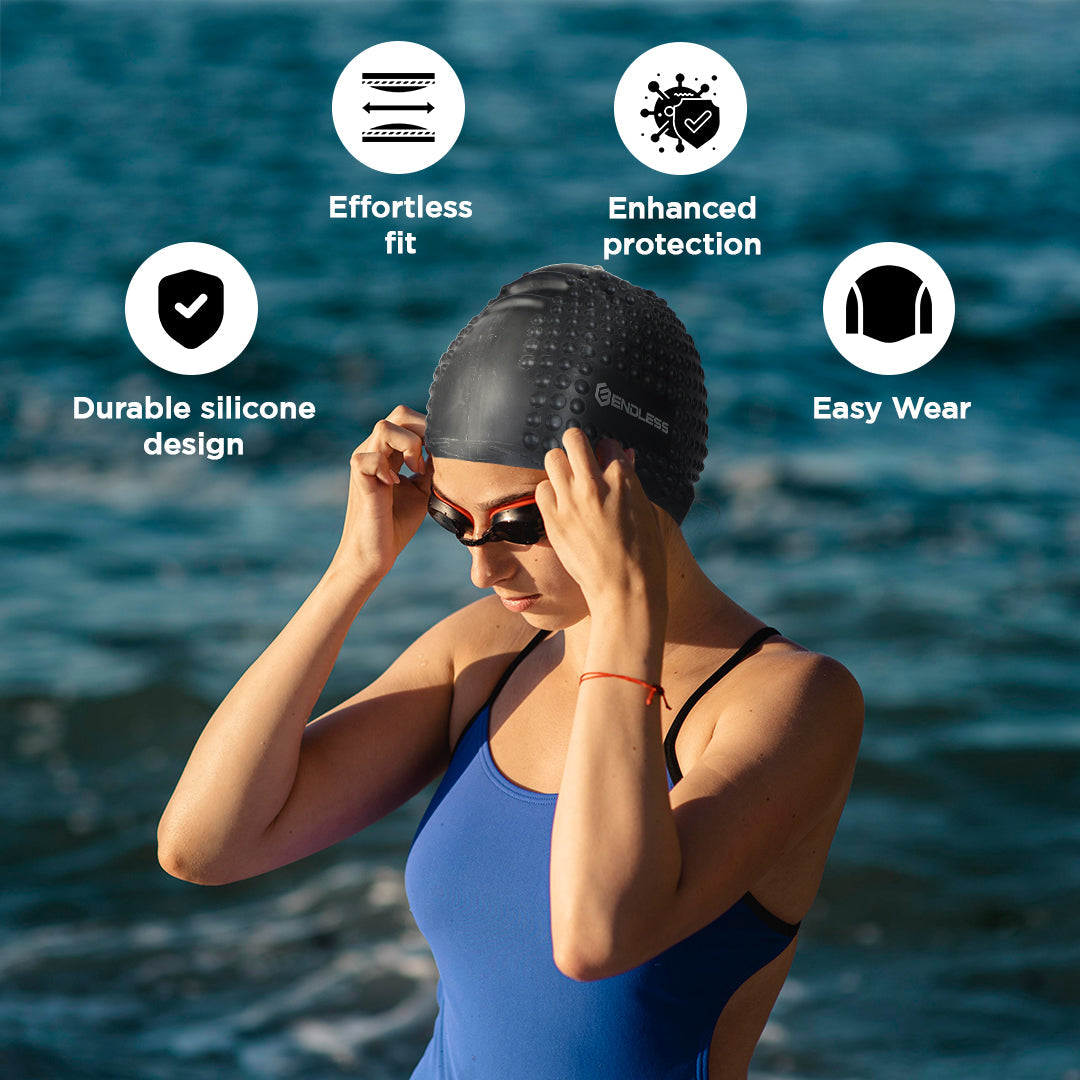 Endless EL1021 Comfortable Silicone Bubble Swimming Cap | Flexible Waterproof Swim Cap for Long and Short Hair with Thick Brim | for Adults, Women and Men | Size: Free Size | Material: Silicone