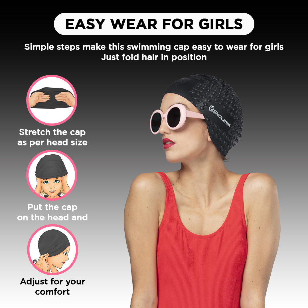 Endless EL1021 Comfortable Silicone Bubble Swimming Cap | Flexible Waterproof Swim Cap for Long and Short Hair with Thick Brim | for Adults, Women and Men | Size: Free Size | Material: Silicone