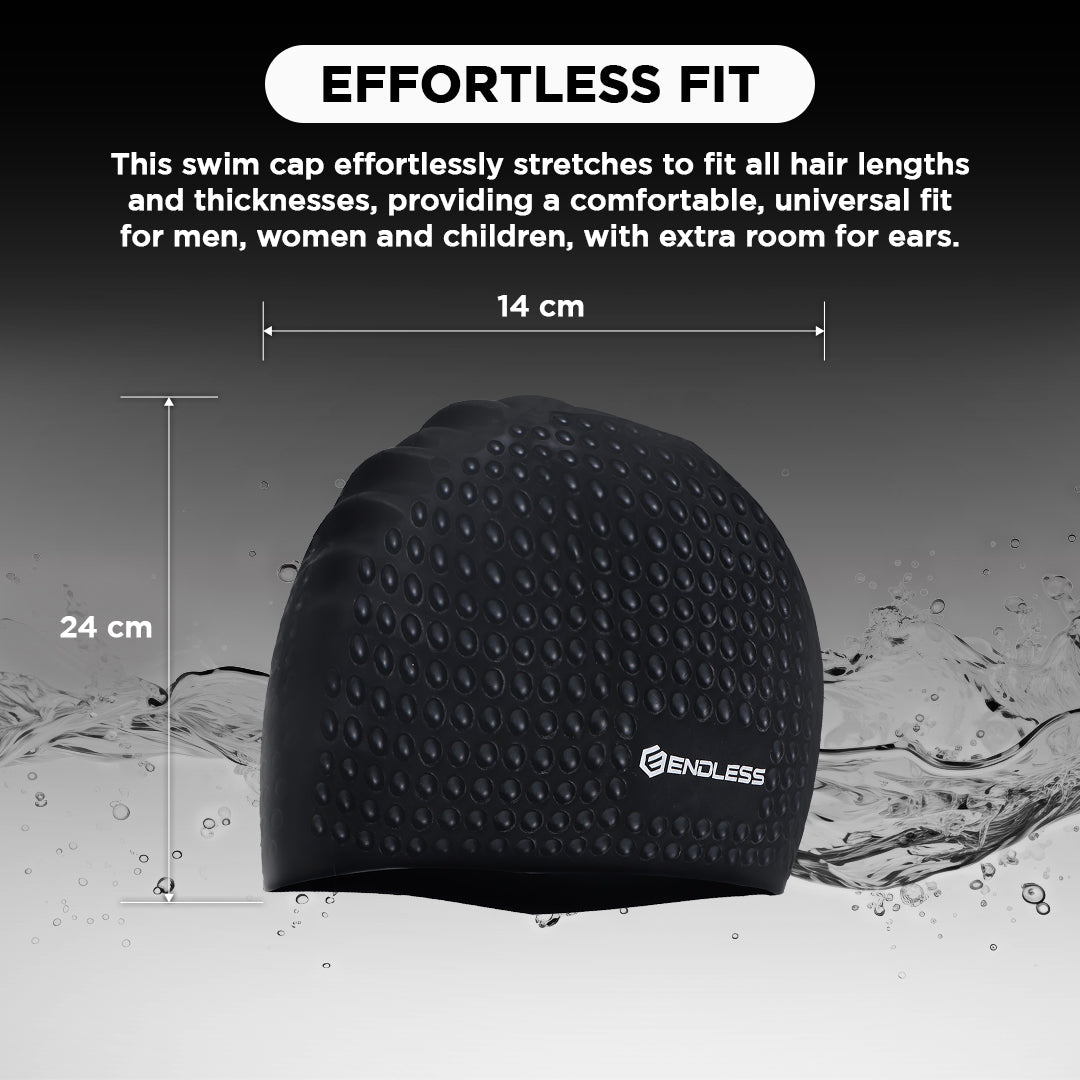 Endless EL1021 Comfortable Silicone Bubble Swimming Cap | Flexible Waterproof Swim Cap for Long and Short Hair with Thick Brim | for Adults, Women and Men | Size: Free Size | Material: Silicone
