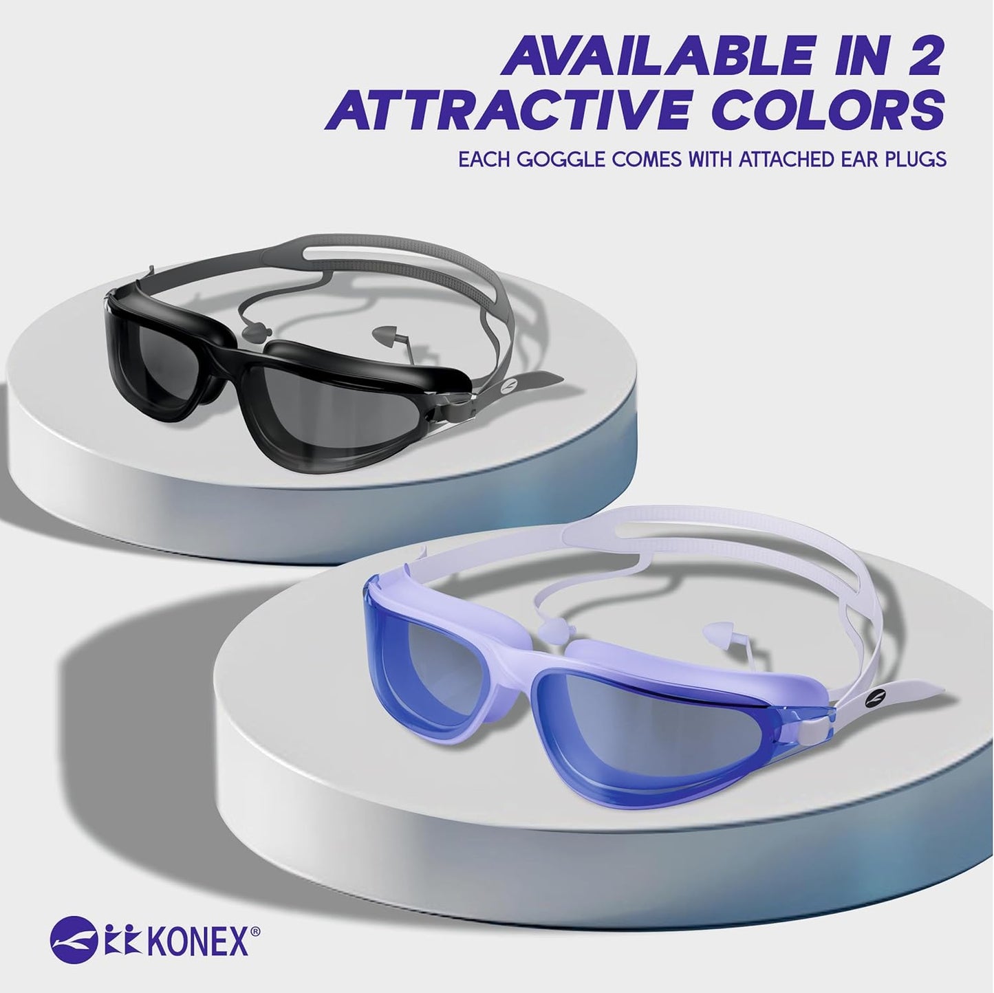 نظارات سباحة KONEX المضادة للضباب مع حماية من الأشعة فوق البنفسجية للرجال والنساء | رؤية واسعة الزاوية مع تقنية مانعة للتسرب | تأتي مع سدادات أذن مرفقة | مثالية للأطفال والكبار