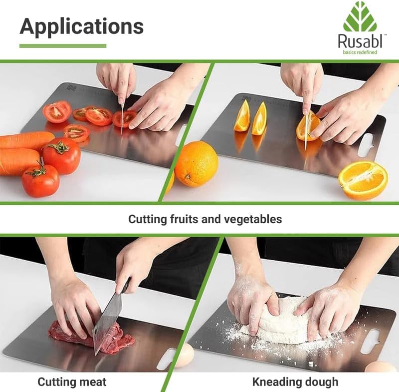 لوح تقطيع Rusabl Premium Heavy-Duty من الفولاذ المقاوم للصدأ للمطبخ (مستطيل)، حاصل على شهادة BIS، مقاوم للصدأ، لوح تقطيع غير قابل للانزلاق لتقطيع الفواكه والخضروات، لوح معجنات