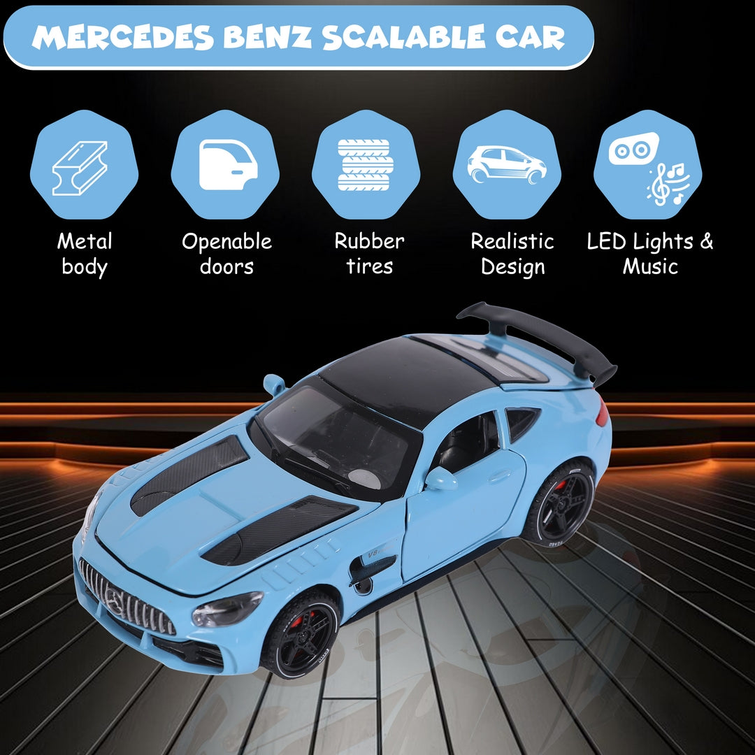FUNFY سيارة مرسيدس بنز AMG GT بمقياس 1:32 قابلة للتطوير | متنوعة | بلاستيك ومعادن | أبواب قابلة للفتح وغطاء محرك وباب خلفي مزود بمصابيح LED | موسيقى لتجربة لعب غامرة | للأطفال