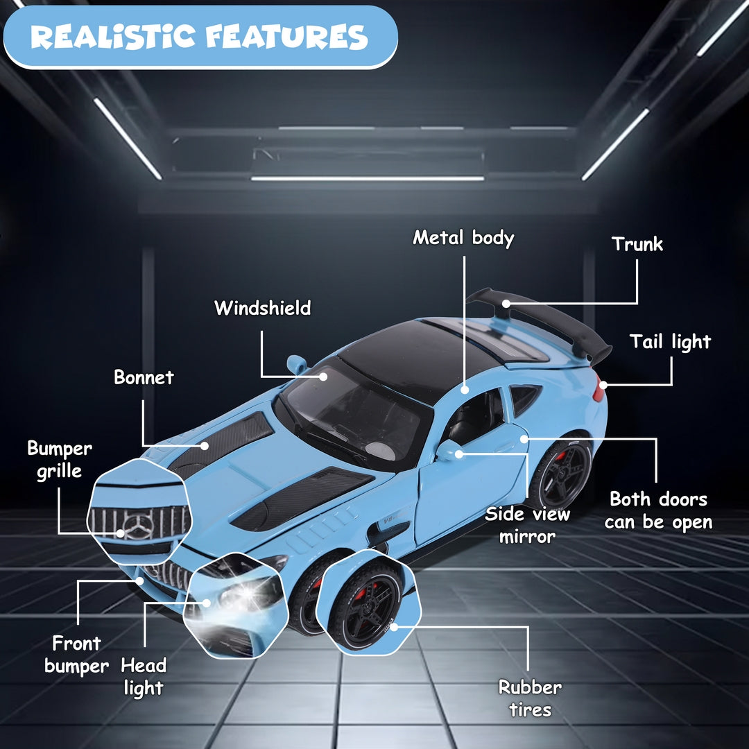 FUNFY سيارة مرسيدس بنز AMG GT بمقياس 1:32 قابلة للتطوير | متنوعة | بلاستيك ومعادن | أبواب قابلة للفتح وغطاء محرك وباب خلفي مزود بمصابيح LED | موسيقى لتجربة لعب غامرة | للأطفال