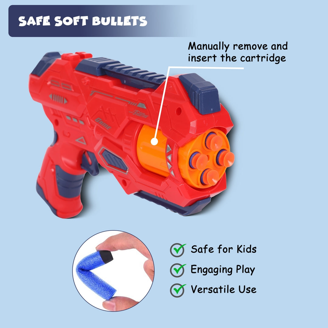 FUNFY FYNG001 DIY 4-Round EVA Soft Bullet Shooting Gun | Material: Plastic | With 4 Spinning Dart Barrels and 8 Pieces Soft Bullets for Fun Play | For Kids