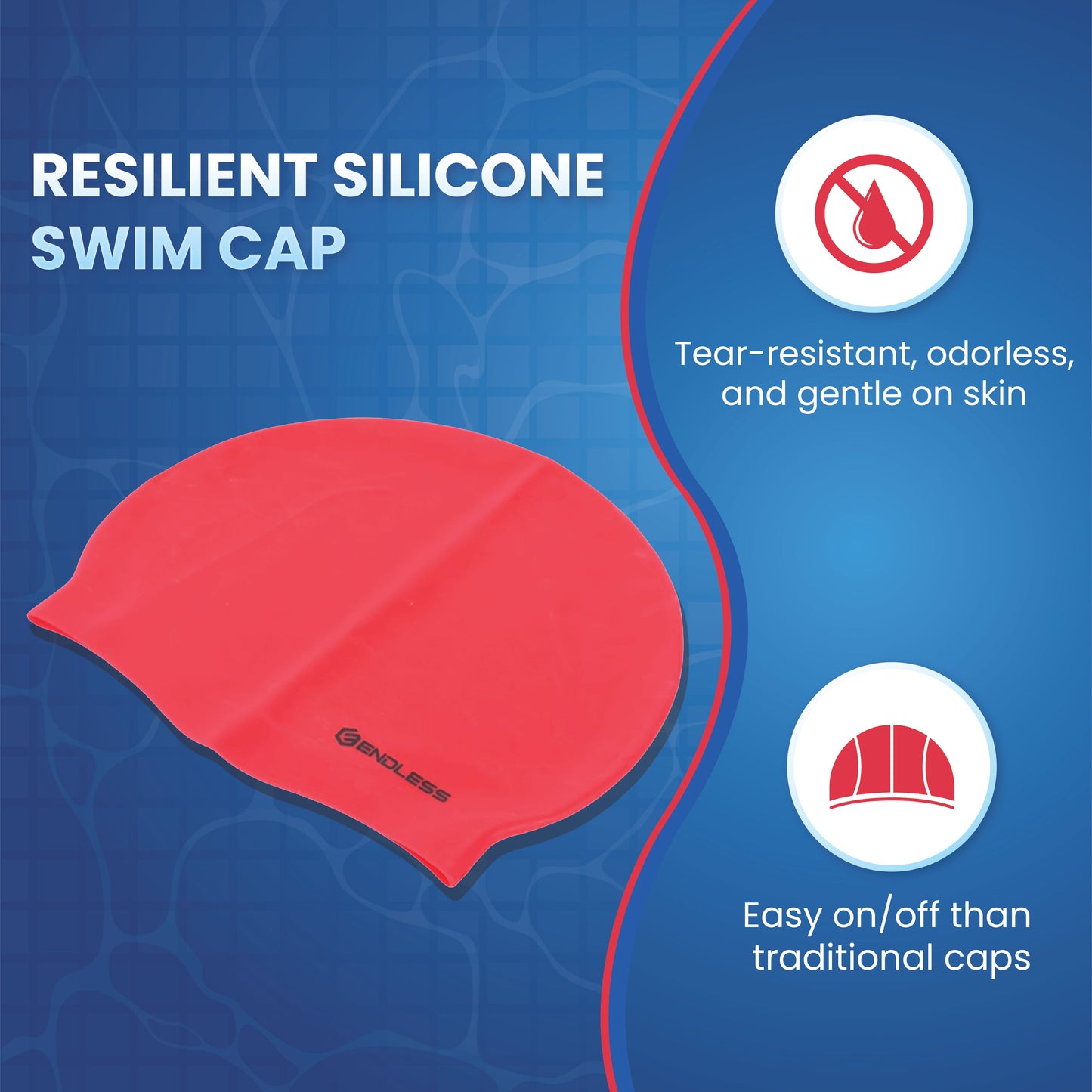 Endless EL1019 Classic Comfort Silicone Swimming Cap, Fully Elastic, Waterproof | Fully Elastic Swim Cap for Long and Short Hair with Thick Brim | Adults, Women and Men | Size: Free Size | Material: Silicone