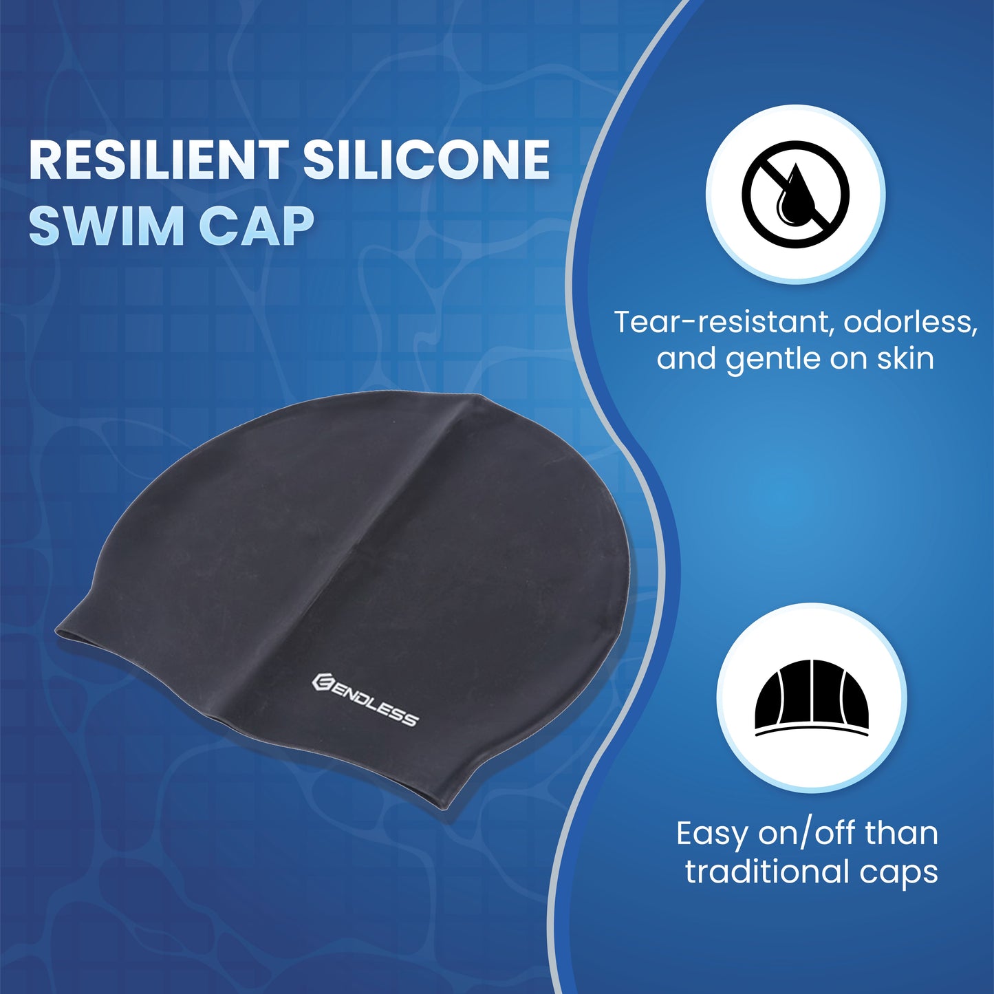 Endless EL1019 Classic Comfort Silicone Swimming Cap, Fully Elastic, Waterproof | Fully Elastic Swim Cap for Long and Short Hair with Thick Brim | Adults, Women and Men | Size: Free Size | Material: Silicone