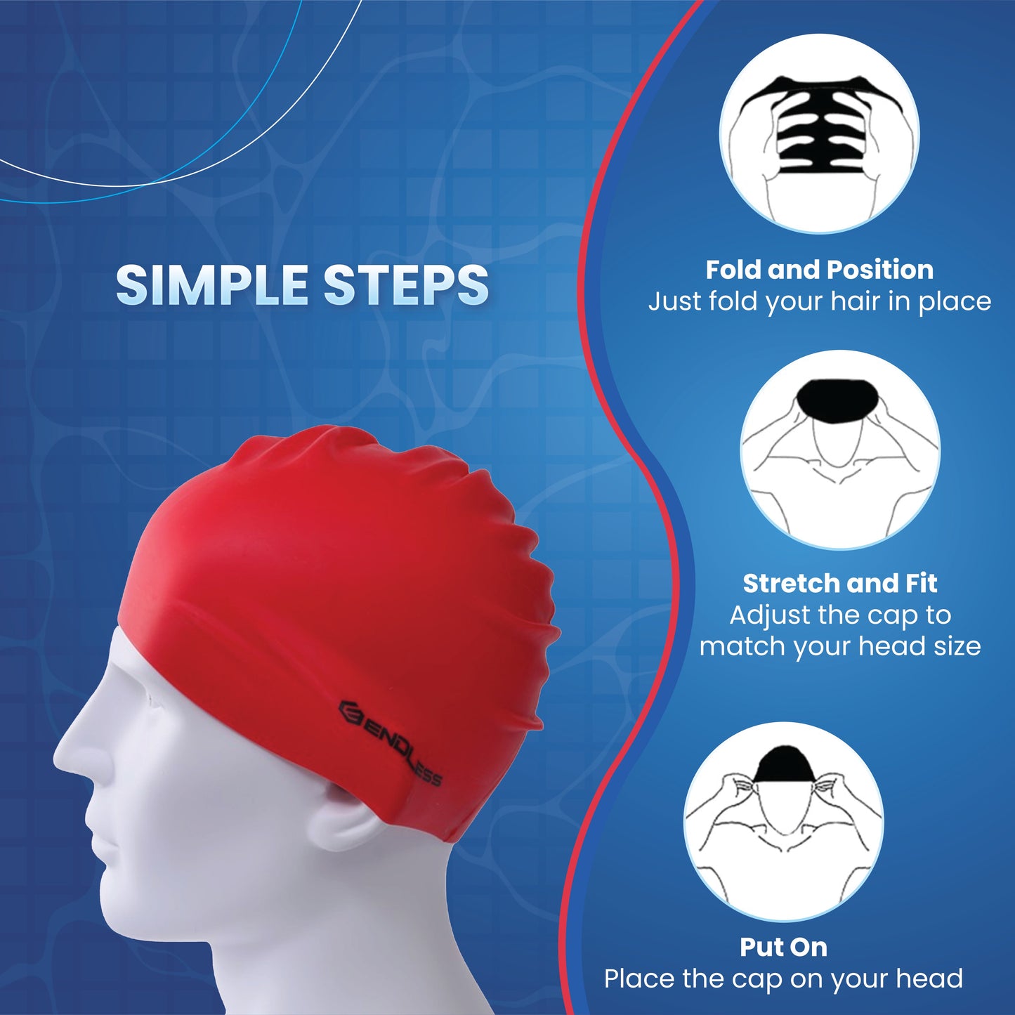 Endless EL1019 Classic Comfort Silicone Swimming Cap, Fully Elastic, Waterproof | Fully Elastic Swim Cap for Long and Short Hair with Thick Brim | Adults, Women and Men | Size: Free Size | Material: Silicone