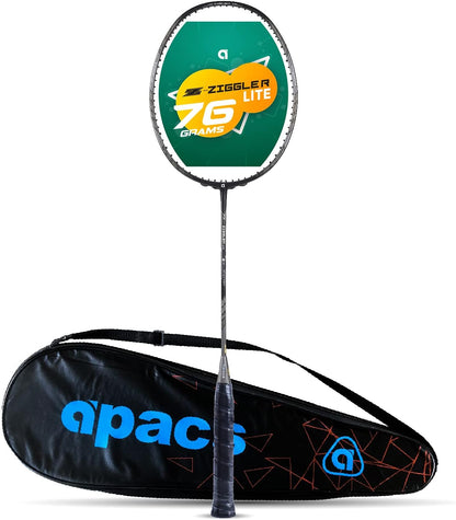 مضرب تنس الريشة APACS Z-Ziggler Lite (33 رطلاً، 76 جرامًا وعمود رفيع 6.2 ملم) غير مشدود (أسود/رمادي فاتح غير لامع)
