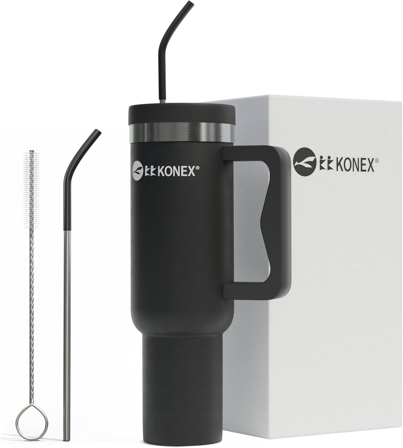 زجاجة مياه KONEX Tumbler من الفولاذ المقاوم للصدأ مع غطاء و 2 قشات قابلة لإعادة الاستخدام وفرشاة 1200 مل | كوب مزدوج العزل مانع للتسرب مع مقبض | الرفيق المثالي للسفر والنادي الرياضي - أسود (زجاجة مياه Tumbler 2)