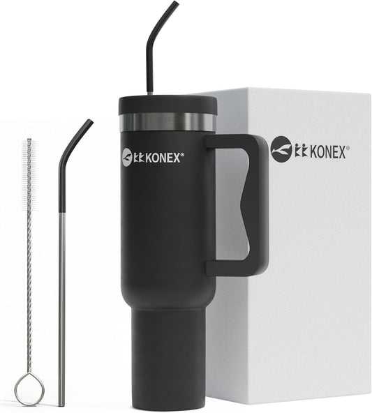 زجاجة مياه KONEX Tumbler من الفولاذ المقاوم للصدأ مع غطاء و 2 قشات قابلة لإعادة الاستخدام وفرشاة 1200 مل | كوب مزدوج العزل مانع للتسرب مع مقبض | الرفيق المثالي للسفر والنادي الرياضي - أسود (زجاجة مياه Tumbler 2)