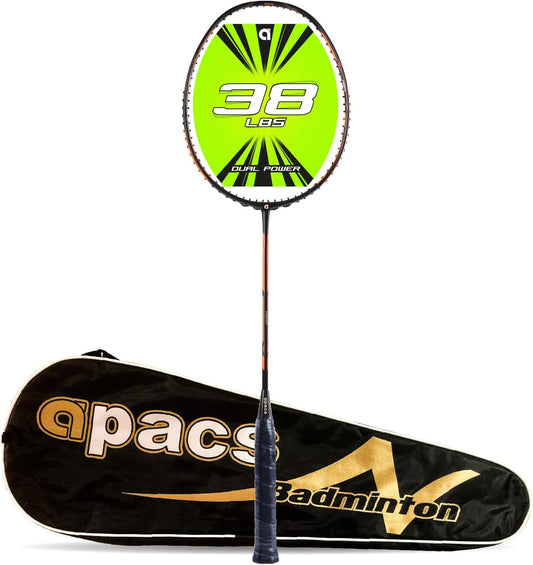 مضرب تنس الريشة APACS مزدوج القوة والسرعة بدون أوتار مع غطاء كامل (أسود برتقالي)