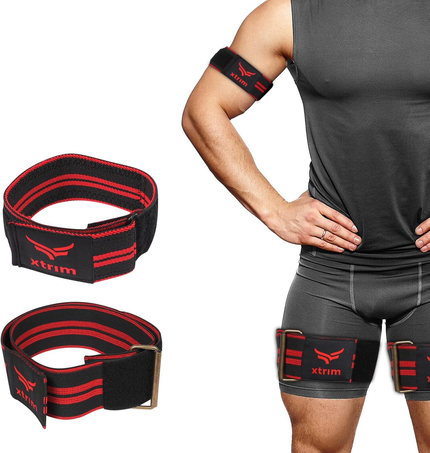 XTRIM - حزمة كومبو - 2 شريط تمرين BFR (تقييد تدفق الدم) للذراعين و 2 شريط BFR للساقين أو عضلات المؤخرة، تقوية العضلات دون رفع أوزان ثقيلة (مجموعة من 4، أحمر وأسود)