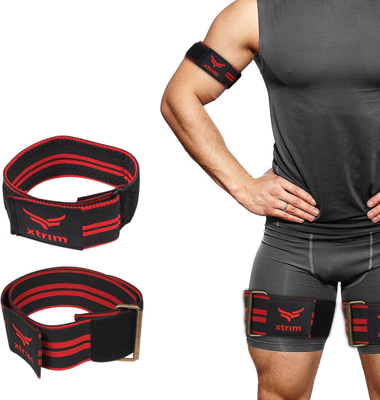 XTRIM - حزمة كومبو - 2 شريط تمرين BFR (تقييد تدفق الدم) للذراعين و 2 شريط BFR للساقين أو عضلات المؤخرة، تقوية العضلات دون رفع أوزان ثقيلة (مجموعة من 4، أحمر وأسود)