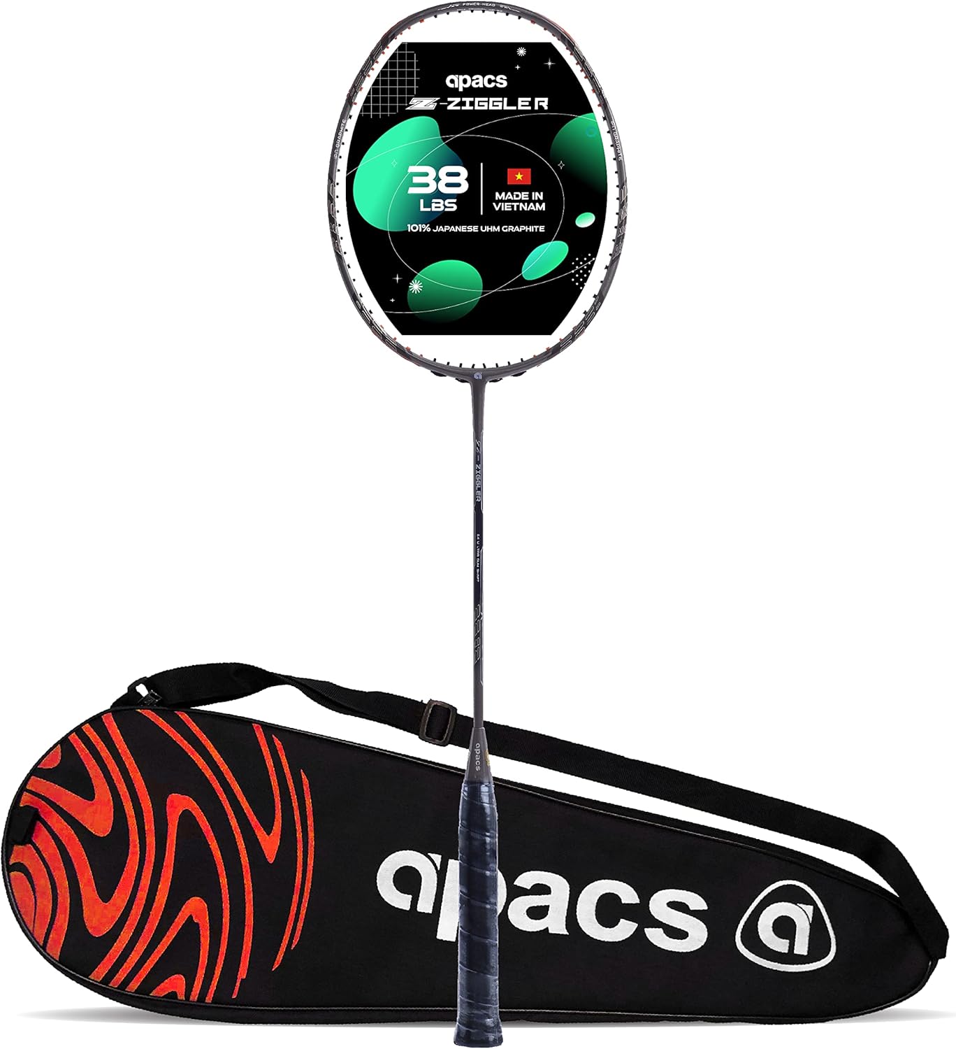 مضرب كرة الريشة Apacs Z-Ziggler (38 رطل، Mega Tension) من الجرافيت بدون أوتار مع غطاء كامل (رمادي)