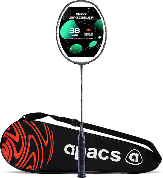 مضرب كرة الريشة Apacs Z-Ziggler (38 رطل، Mega Tension) من الجرافيت بدون أوتار مع غطاء كامل (رمادي)