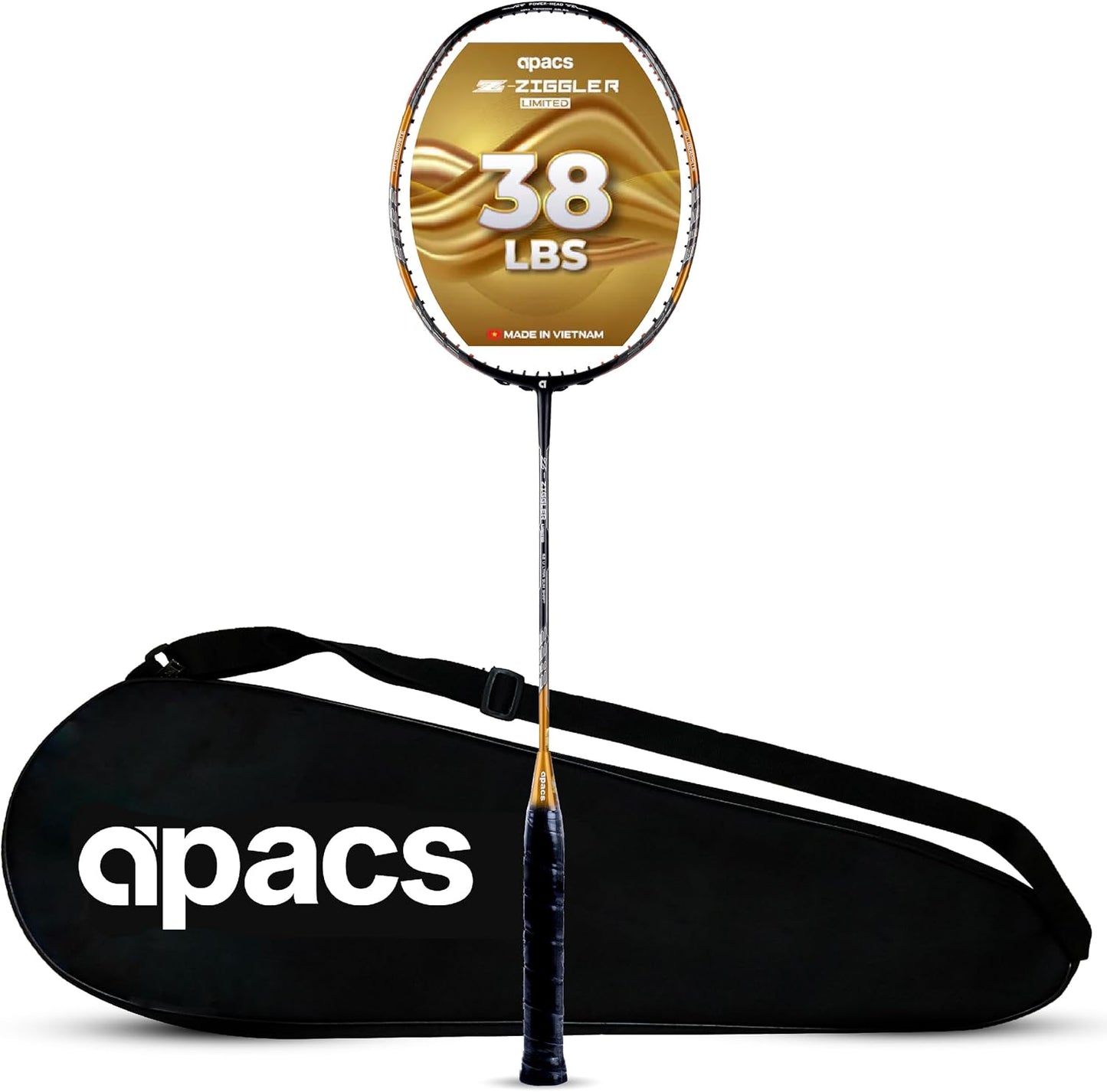 Apacs Z-Ziggler Limited Edition (38 رطل، 6.2 مم، أرق عمود في العالم) صنع في فيتنام مضرب تنس الريشة غير موتر مع غطاء كامل مجاني | G2-4 1/8 بوصة (ذهبي)، جرافيت