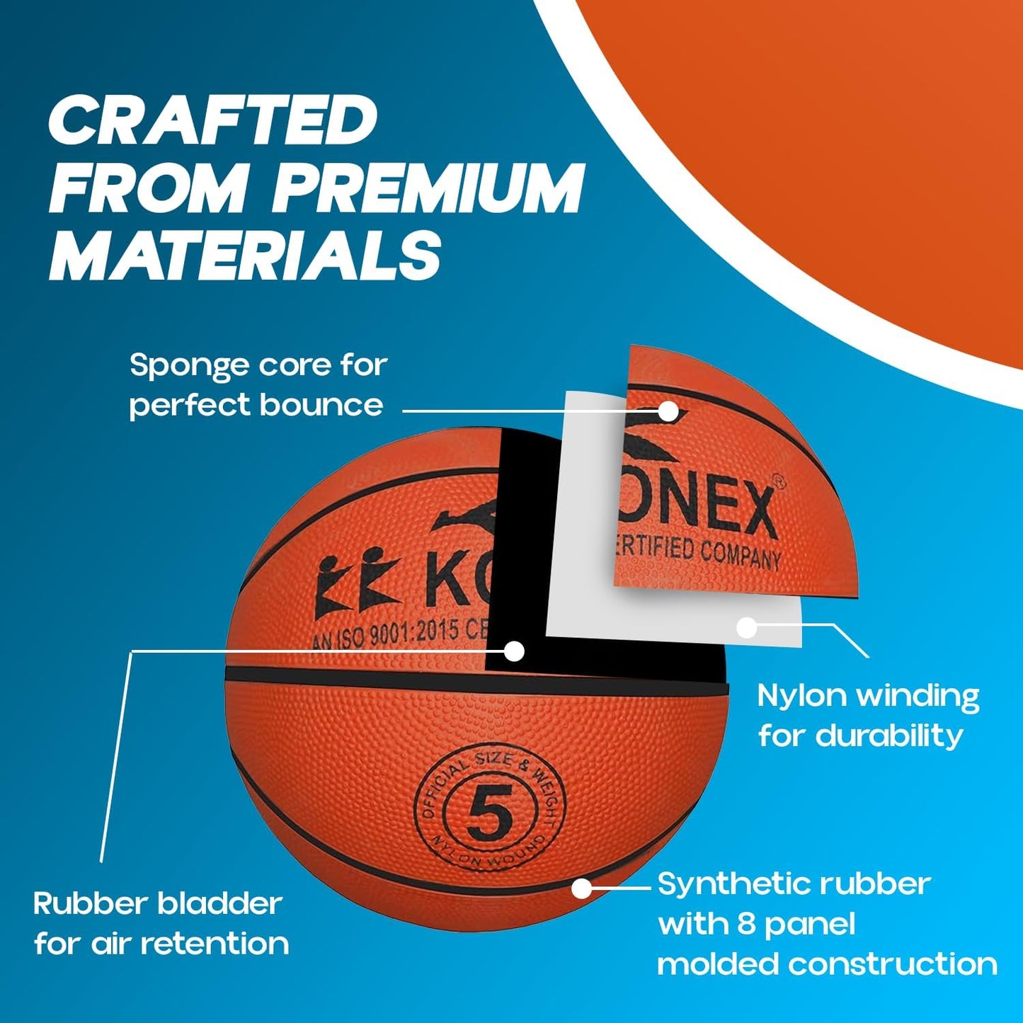 كرة سلة KONEX KK Pro Basketball CLS 1905 مع دبوس نفخ وتفريغ حجم 5