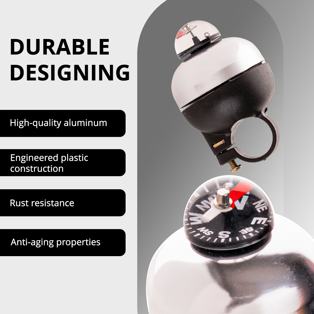 Endless EL1057 Classic جرس دراجة | جرس دراجة كلاسيكي | المادة: سبائك الألومنيوم | يمكن استخدام هذا الجرس الصاخب في مقود الدراجات على الطرق والجبل | يحتوي هذا الجرس على بوصلة لتحديد الاتجاه