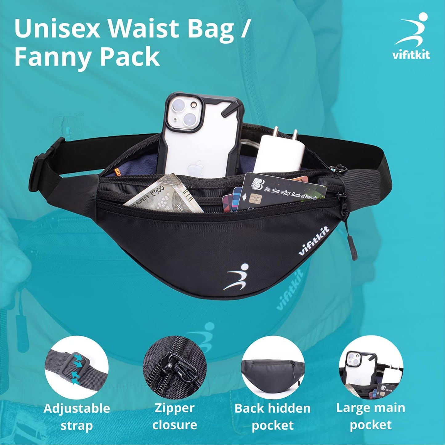 حقيبة خصر Vifitkit للرجال، حقيبة خصر للنساء، حقيبة خصر للرجال، حقيبة خصر للنساء، حقيبة صدر للنساء، حقيبة خصر للرجال، حقيبة خصر للأولاد، حقائب خصر للبنات، حقيبة خصر - أسود