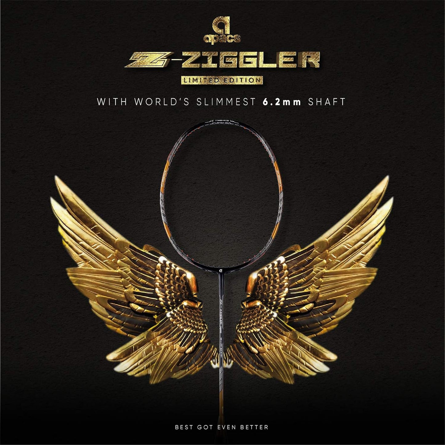 Apacs Z-Ziggler Limited Edition (38 رطل، 6.2 مم، أرق عمود في العالم) صنع في فيتنام مضرب تنس الريشة غير موتر مع غطاء كامل مجاني | G2-4 1/8 بوصة (ذهبي)، جرافيت