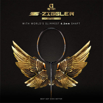 Apacs Z-Ziggler Limited Edition (38 رطل، 6.2 مم، أرق عمود في العالم) صنع في فيتنام مضرب تنس الريشة غير موتر مع غطاء كامل مجاني | G2-4 1/8 بوصة (ذهبي)، جرافيت