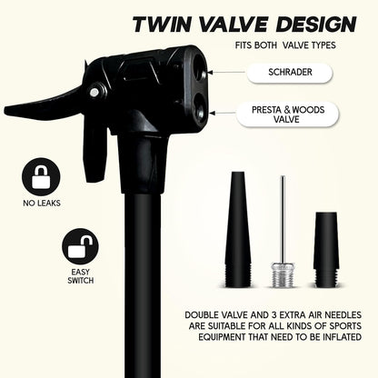 مضخة هواء محمولة من Konex مزودة بإبرة وصمام مزدوج | مقبض مريح مع قاعدة متينة | مثالية لنفخ إطارات الدراجات والكرات الرياضية وأطواق السباحة والبالونات
