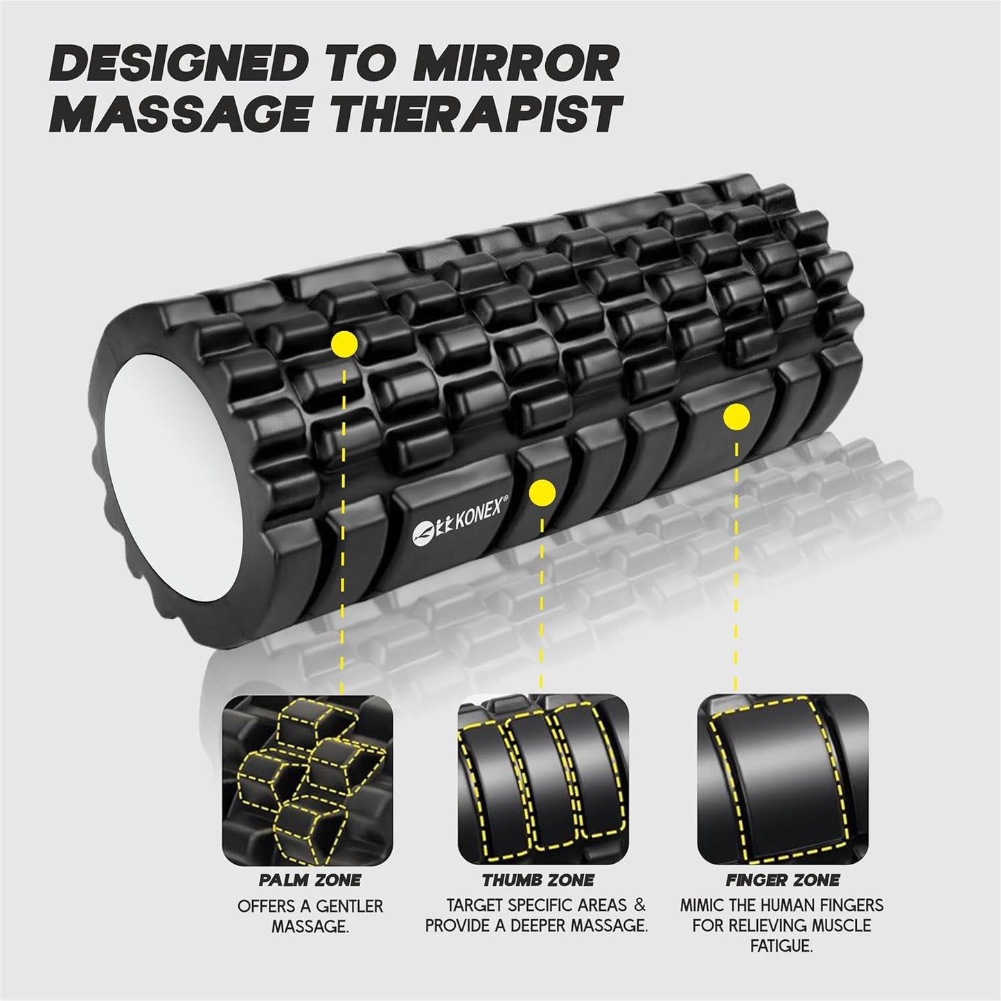 أسطوانة رغوية Konex للرجال والنساء | جهاز تدليك الأنسجة العميقة لتخفيف الألم واستعادة العضلات | مثالي لليوغا والجمنازيوم والتمدد واسترخاء الجسم بالكامل - 33 سم (أسود)