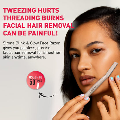 ماكينة حلاقة الوجه Sirona Blink and Glow للنساء - 3 شفرات حلاقة | إزالة شعر الوجه والشفاه العليا، أداة تشكيل الحواجب وتقشير البشرة