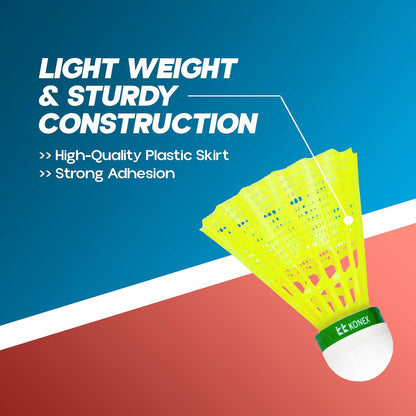 كرة الريشة Konex Nylon Badminton Shuttlecock | متينة للاستخدام الداخلي والخارجي | طيران مستقر، استعادة سريعة، أداء طويل الأمد | أصفر