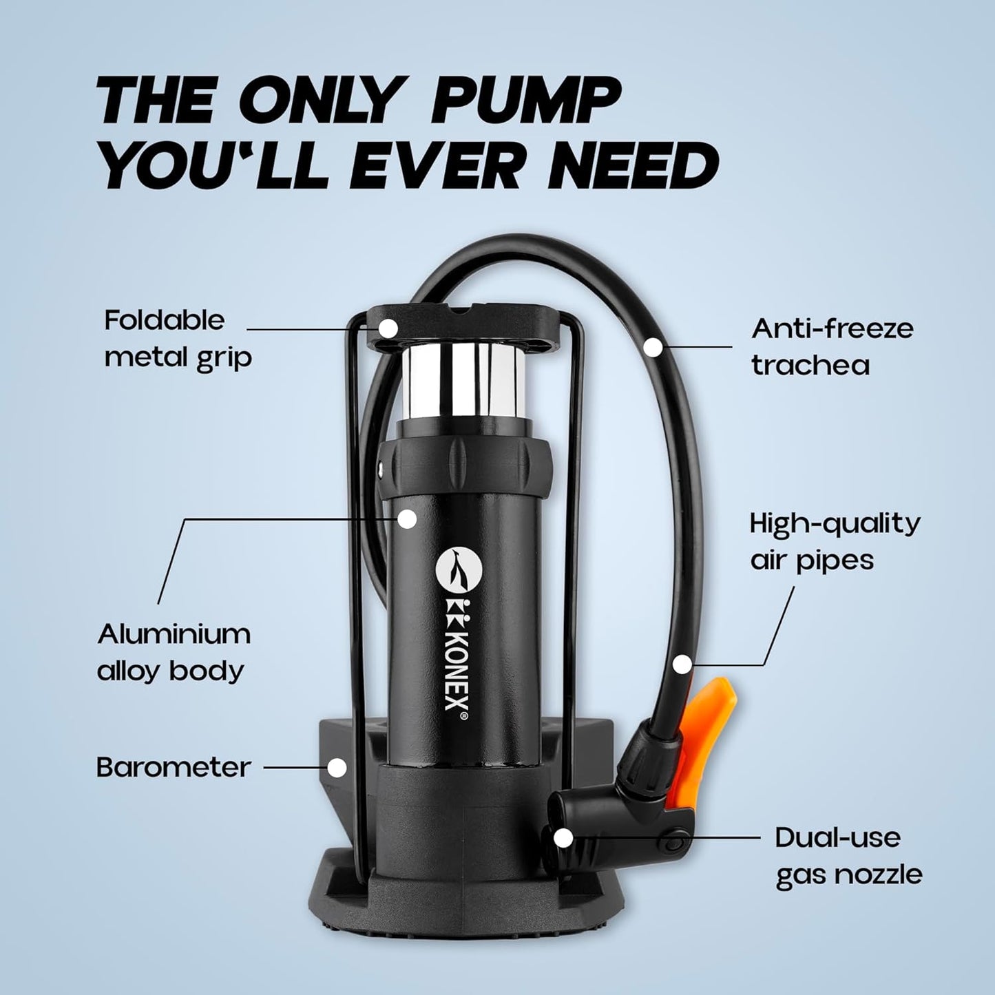 مضخة هواء كونيكس عالية الضغط مع مقياس للدرجات للدرجات الهوائية والدراجات وإطارات السيارات وكرة القدم وكرة السلة وغيرها من المعدات الرياضية القابلة للنفخ والكرات (أسود)