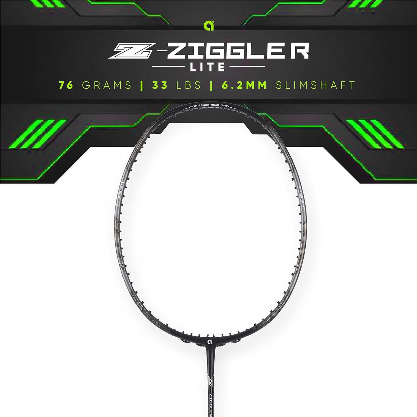 مضرب تنس الريشة APACS Z-Ziggler Lite (33 رطلاً، 76 جرامًا وعمود رفيع 6.2 ملم) غير مشدود (أسود/رمادي فاتح غير لامع)