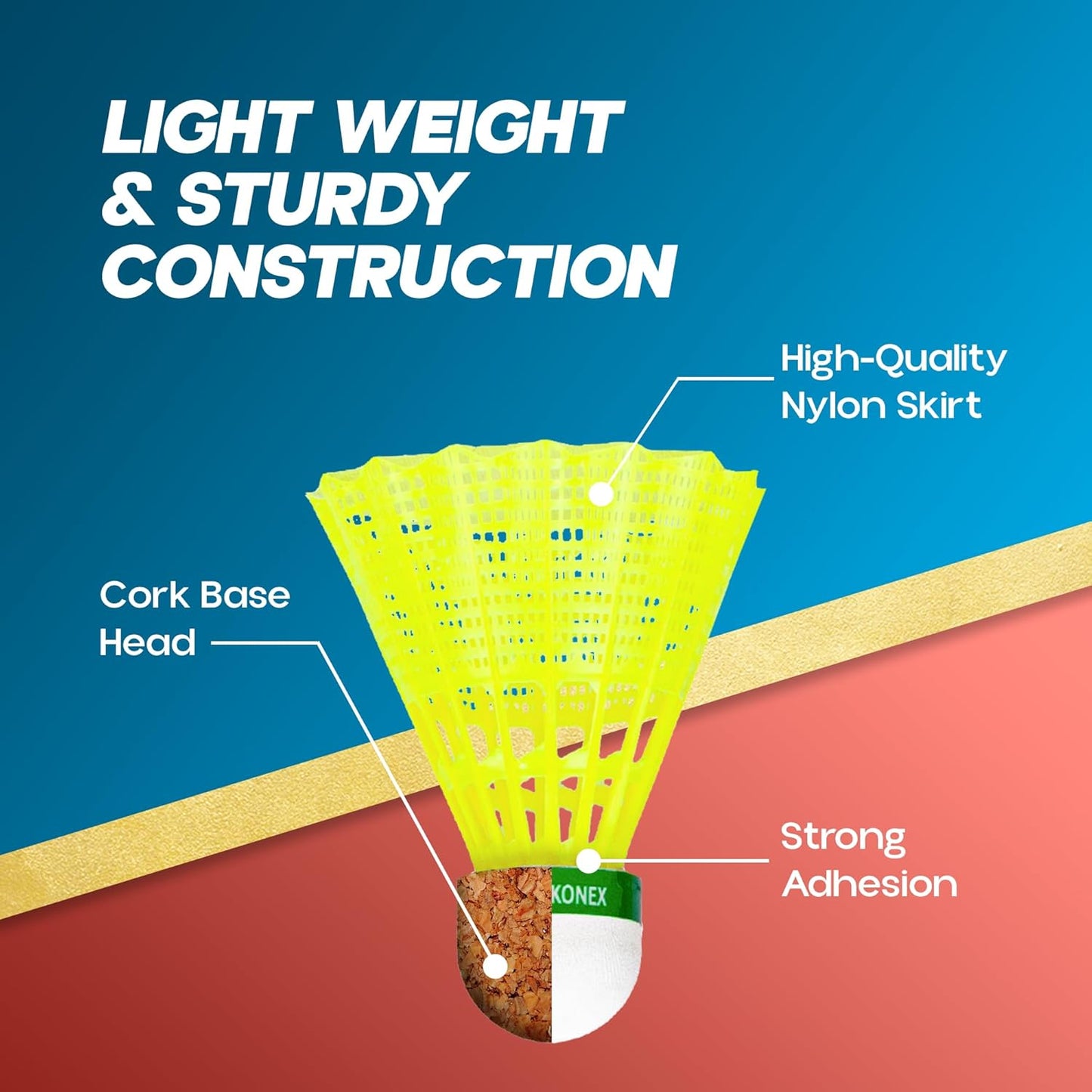 كرة الريشة Konex Nylon Badminton Shuttlecock | متينة للاستخدام الداخلي والخارجي طيران مستقر، استعادة سريعة، أداء طويل الأمد أصفر
