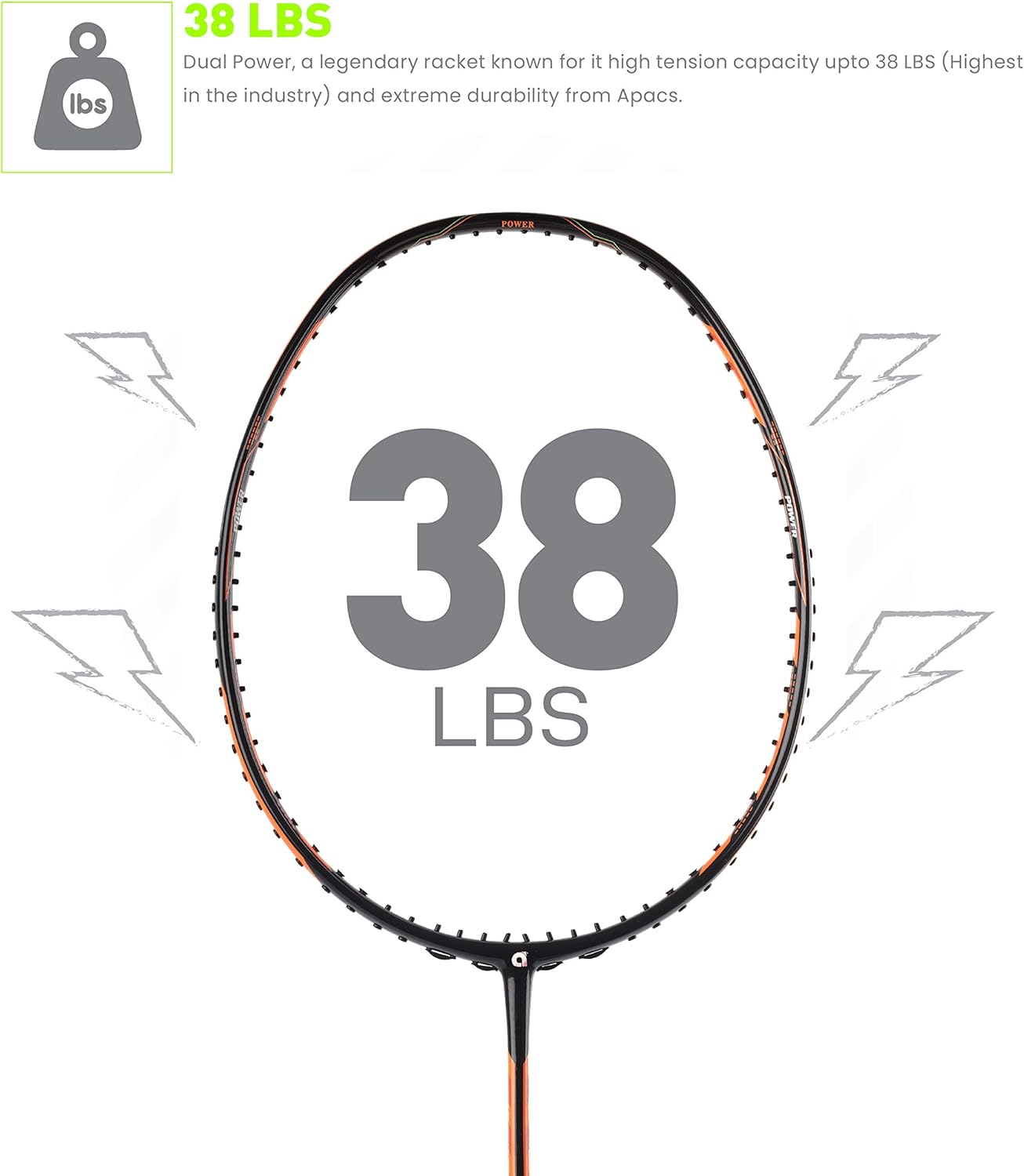 مضرب تنس الريشة APACS مزدوج القوة والسرعة بدون أوتار مع غطاء كامل (أسود برتقالي)
