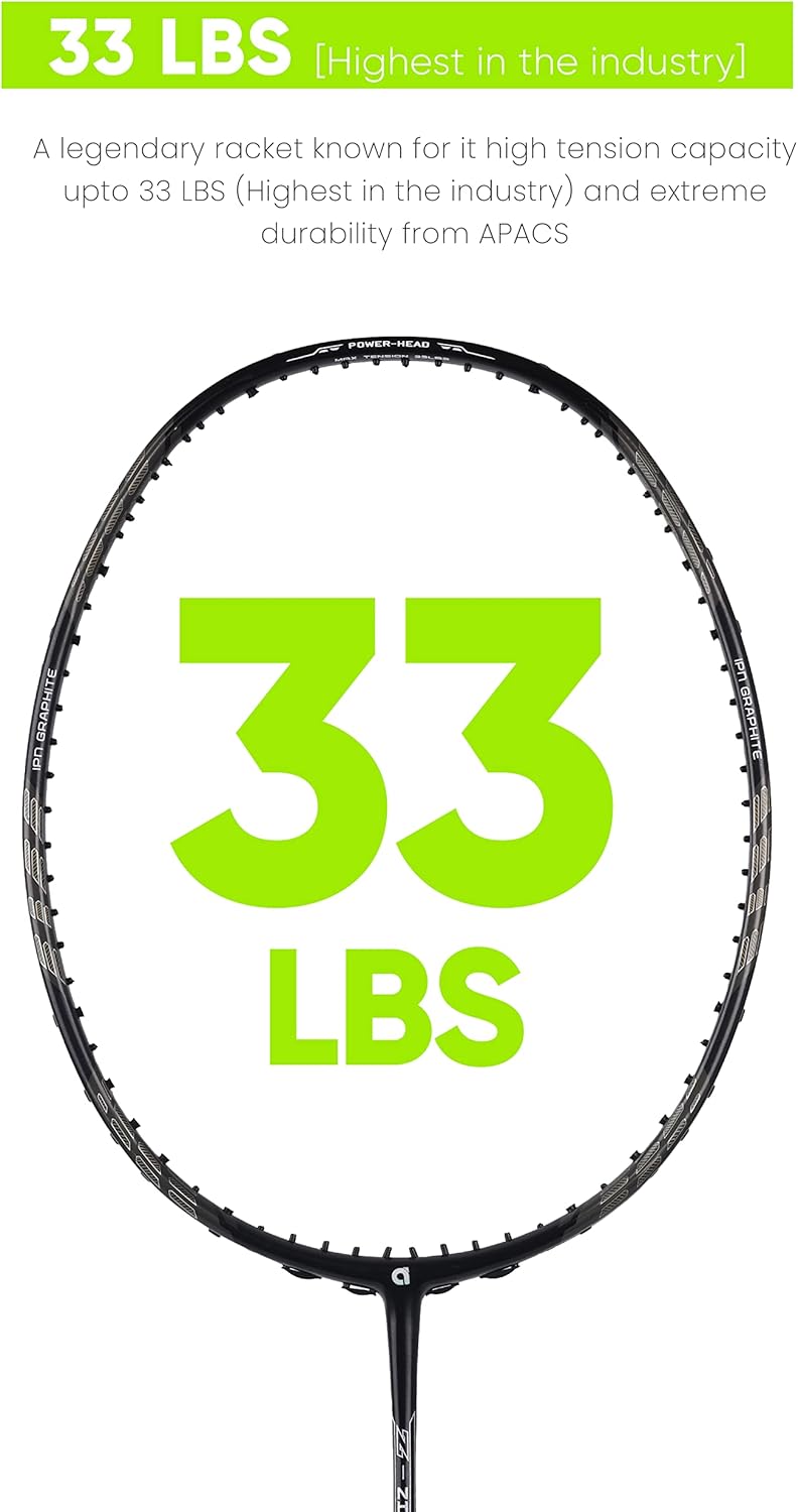 مضرب تنس الريشة APACS Z-Ziggler Lite (33 رطلاً، 76 جرامًا وعمود رفيع 6.2 ملم) غير مشدود (أسود)