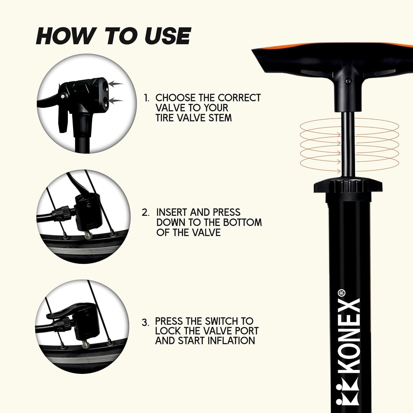 مضخة هواء محمولة من Konex مزودة بإبرة وصمام مزدوج | مقبض مريح مع قاعدة متينة | مثالية لنفخ إطارات الدراجات والكرات الرياضية وأطواق السباحة والبالونات
