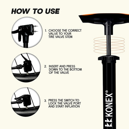 مضخة هواء محمولة من Konex مزودة بإبرة وصمام مزدوج | مقبض مريح مع قاعدة متينة | مثالية لنفخ إطارات الدراجات والكرات الرياضية وأطواق السباحة والبالونات