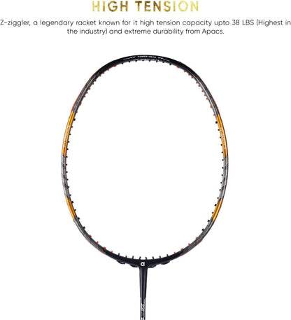 Apacs Z-Ziggler Limited Edition (38 رطل، 6.2 مم، أرق عمود في العالم) صنع في فيتنام مضرب تنس الريشة غير موتر مع غطاء كامل مجاني | G2-4 1/8 بوصة (ذهبي)، جرافيت