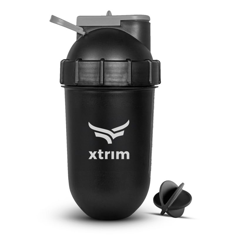 XTRIM XStorm Bullet Shaker 700 مل مع غطاء مانع للتسرب، زجاجة شاكر للصالة الرياضية للمكملات الغذائية، زجاجة شاكر لمخفوقات البروتين ومخفوقات بديلة للوجبات، خالية من مادة BPA (سوداء)