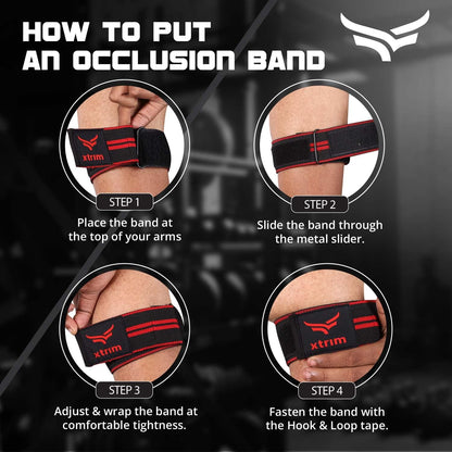 XTRIM - حزمة كومبو - 2 شريط تمرين BFR (تقييد تدفق الدم) للذراعين و 2 شريط BFR للساقين أو عضلات المؤخرة، تقوية العضلات دون رفع أوزان ثقيلة (مجموعة من 4، أحمر وأسود)