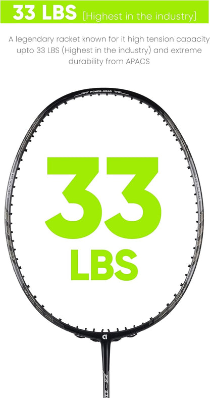 مضرب تنس الريشة APACS Z-Ziggler Lite (33 رطلاً، 76 جرامًا وعمود رفيع 6.2 ملم) غير مشدود (أسود/رمادي فاتح غير لامع)