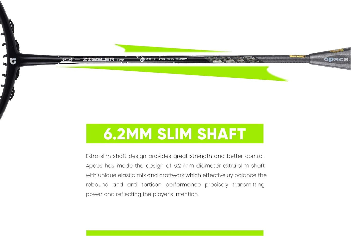 مضرب تنس الريشة APACS Z-Ziggler Lite (33 رطلاً، 76 جرامًا وعمود رفيع 6.2 ملم) غير مشدود (أسود/رمادي فاتح غير لامع)
