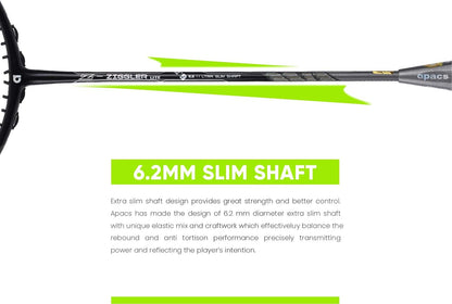 مضرب تنس الريشة APACS Z-Ziggler Lite (33 رطلاً، 76 جرامًا وعمود رفيع 6.2 ملم) غير مشدود (أسود/رمادي فاتح غير لامع)