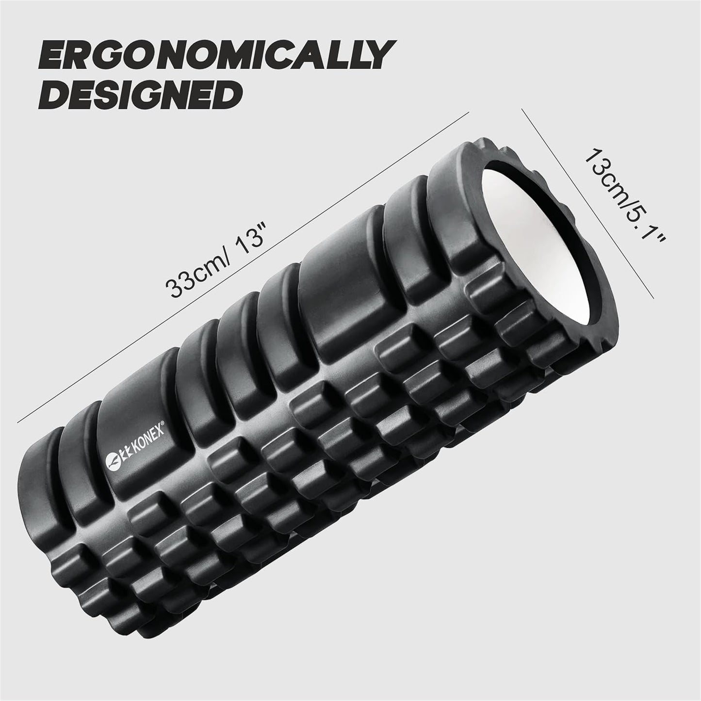 أسطوانة رغوية Konex للرجال والنساء | جهاز تدليك الأنسجة العميقة لتخفيف الألم واستعادة العضلات | مثالي لليوغا والجمنازيوم والتمدد واسترخاء الجسم بالكامل - 33 سم (أسود)
