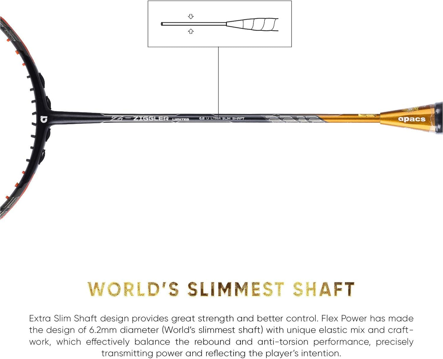 Apacs Z-Ziggler Limited Edition (38 رطل، 6.2 مم، أرق عمود في العالم) صنع في فيتنام مضرب تنس الريشة غير موتر مع غطاء كامل مجاني | G2-4 1/8 بوصة (ذهبي)، جرافيت
